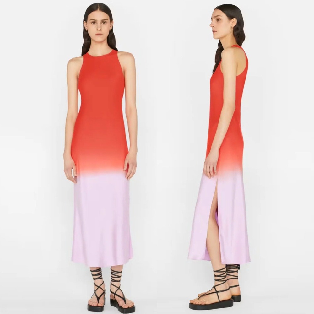 NWT FRAME Dress Bias Dip Dye Midi Dress Orange Multi Silk Sleeveless Dress Small